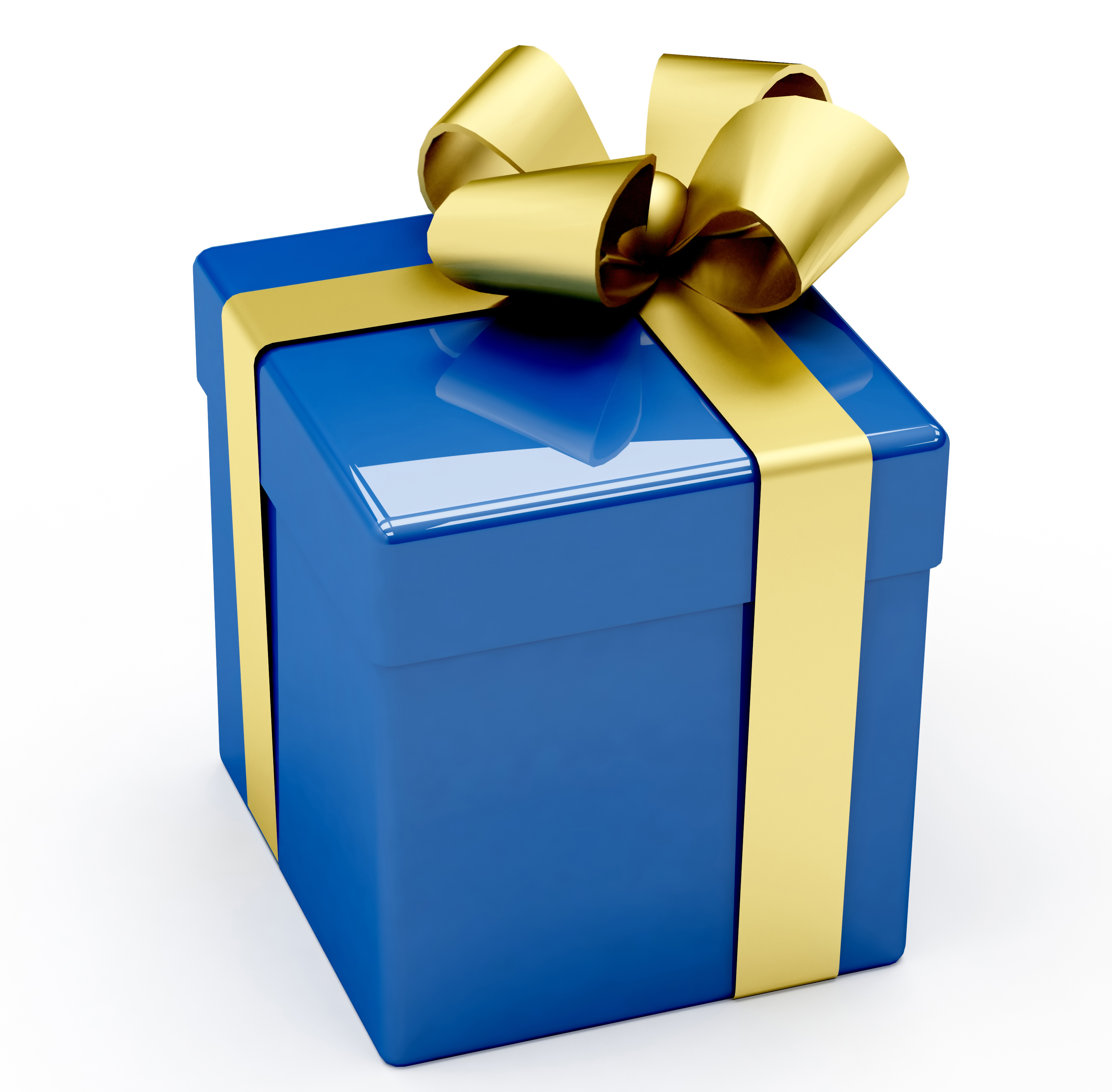 Blue gift box with golden ribbon isolated on white